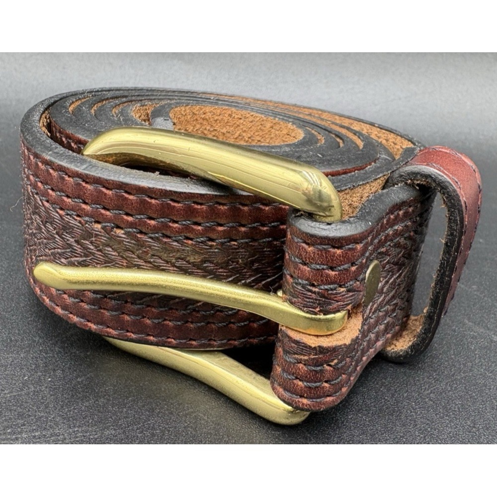 Leegin Men's Belt Sz 38 Tooled Braided Western Cowboy Brass Buckle Made USA GUC